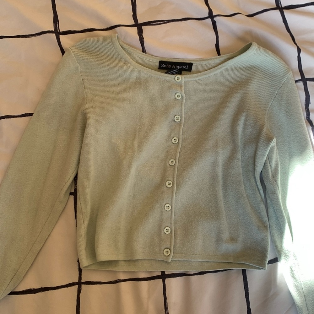 Light green button up sweater, crop size, medium, and women’s brand soho Apparel